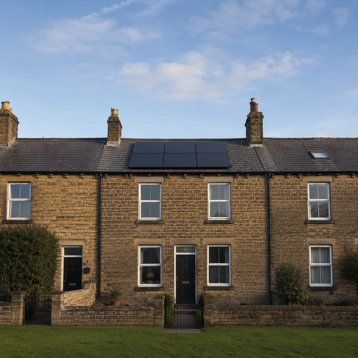 A row of Yorkshire stone terraced houses with solar panels